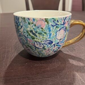 Lilly Pulitzer Blue and Pink Coffee Mug with Gold Handle